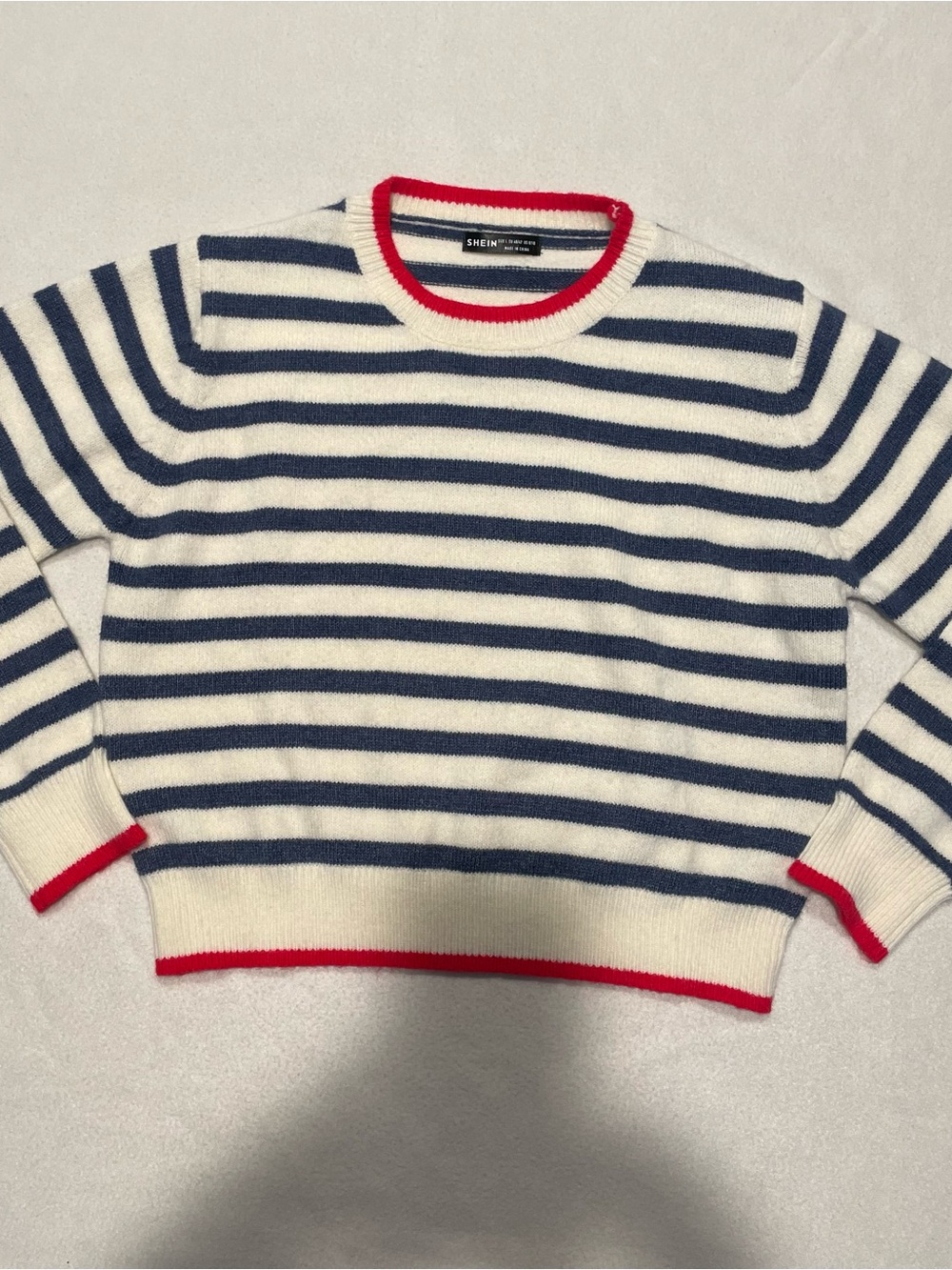 SHEIN Navy Stripe Crewneck Sweater with Red Trim, medium